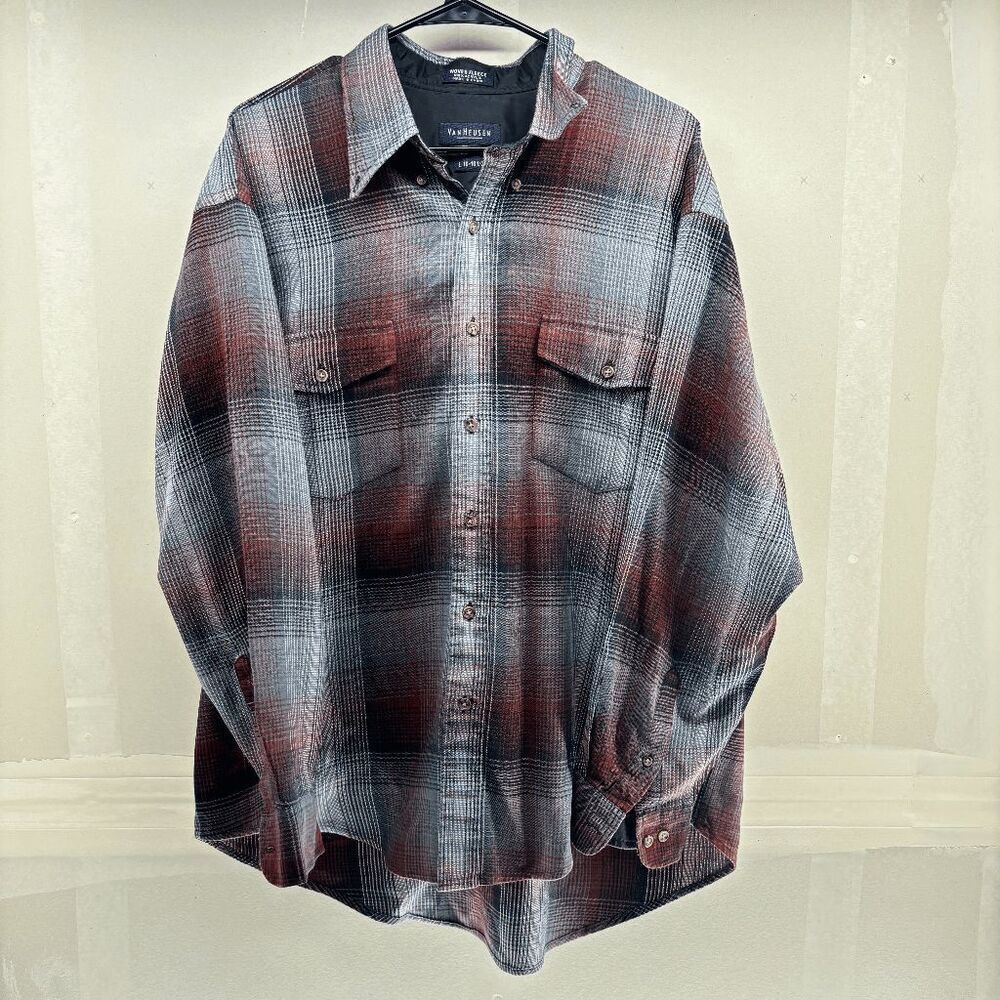 Van Heusen Mens Large Woven Fleece Shirt Jacket Red Black Plaid Warm Soft Comfy